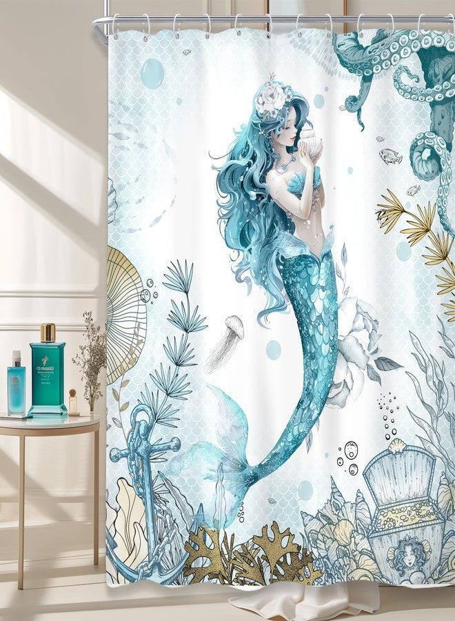 Riyidecor Mermaid Shower Curtain 60Wx72H Inch Blue Nautical Scale Ocean Sea Octopus Coastal Coral Underwater Fish Seashell Teal for Girls Bathroom Decor Fabric Polyester Waterproof 12 Pack Hooks - Image 1