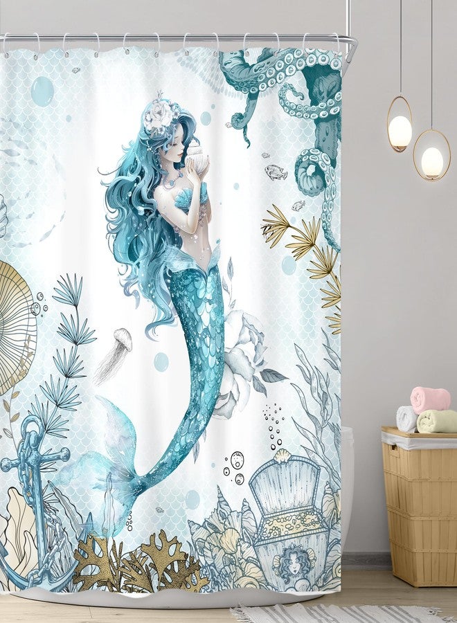 Riyidecor Mermaid Shower Curtain 60Wx72H Inch Blue Nautical Scale Ocean Sea Octopus Coastal Coral Underwater Fish Seashell Teal for Girls Bathroom Decor Fabric Polyester Waterproof 12 Pack Hooks - Image 2