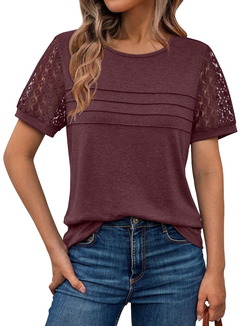 AUTOMET Short Sleeve Shirts for Women Summer Tops 2026 Spring Fashion Dressy Casual Outfits Lace Trendy Top Cute Work T Shirt Business Vacation Clothes Blouses Wine Red 2XL - Image 1
