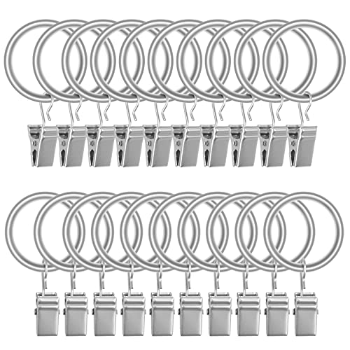 Lansian 20pcs Rustproof Drapery Matte Stainless Steel Metal Curtain Rings with Clips,Tension Curtain Hangers Clips, Decorative Curtain Rod Window, Matte Silver (1" Interior Diameter) - Image 1
