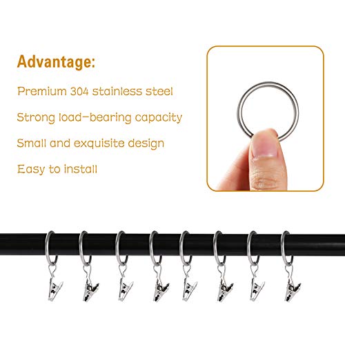 Lansian 20pcs Rustproof Drapery Matte Stainless Steel Metal Curtain Rings with Clips,Tension Curtain Hangers Clips, Decorative Curtain Rod Window, Matte Silver (1" Interior Diameter) - Image 3