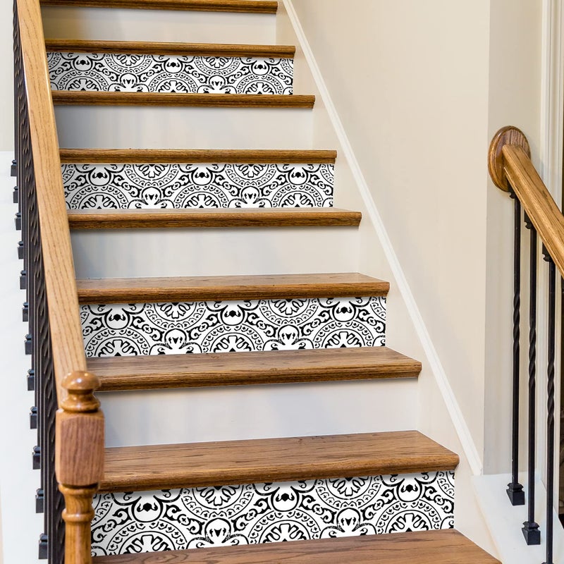 FUNLIFE funlife 13Pcs Retro Stair Riser Peel and Stick Vinyl Decals SelfAdhesive Waterproof Staircase Stickers 3937x709 Black Italian Pattern 