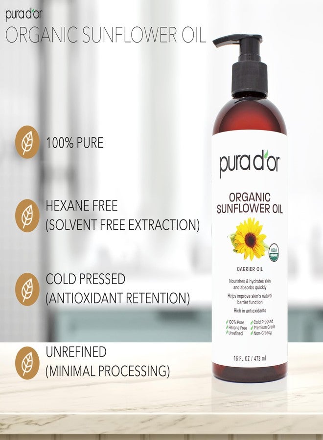 PURA D'OR 16 Oz ORGANIC Sunflower Seed Oil - 100% Pure & Natural USDA Certified Cold Pressed Carrier Oil For DIY Beauty - Unscented, Hexane Free Liquid Moisturizer - Face Skin & Hair - Men & Women - Image 2