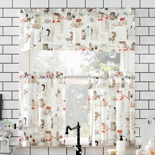 No. 918 Brew Coffee Shop Semi-Sheer Rod Pocket Kitchen Curtain Valance and Tiers Set, 54" x 24", White - Image 1