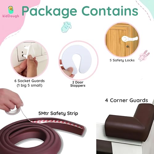 KidDough Baby Safety Proofing Kit - Furniture Edge Protector, Safety Locks, Corner Guards for Sharp Edges, Socket Guards and More, All-in-One Baby Proofing Products (5 mtr Brown Edge Protector Kit) - Image 3