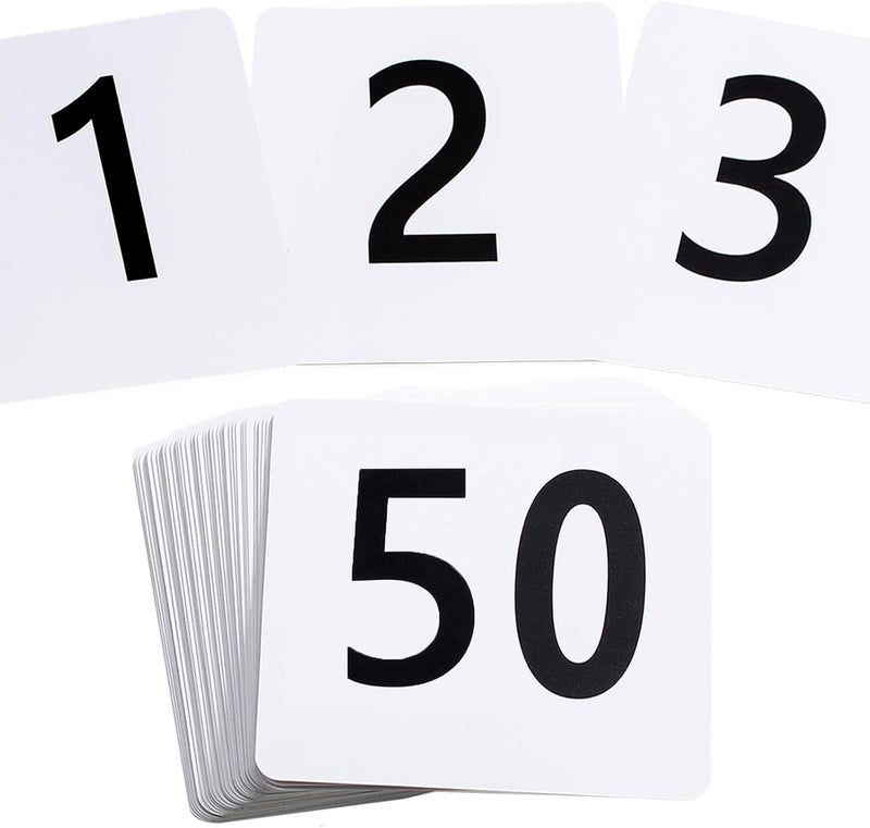 Toncoo 50Pcs Table Numbers 1-50, 3.7x4 Inch Plastic Table Numbers, Double Sided Table Number Cards - for Wedding Reception Restaurant Table Numbers Place Cards, White - Image 1