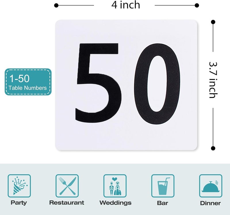 Toncoo 50Pcs Table Numbers 1-50, 3.7x4 Inch Plastic Table Numbers, Double Sided Table Number Cards - for Wedding Reception Restaurant Table Numbers Place Cards, White - Image 2