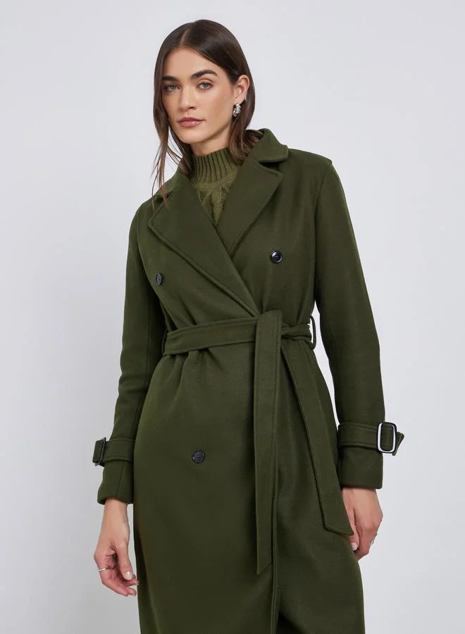 Styli Styli Olive Regular Fit Wool Like Belted Coat