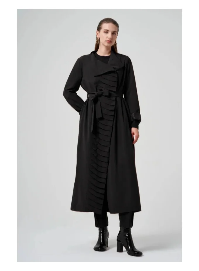 MissWhence Trench Coat with Ruffle/Pleat Detail and Sash - Black