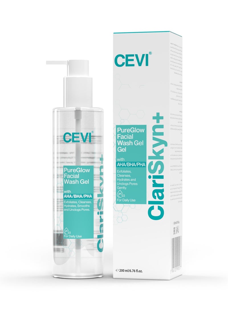 سيفى جل غسول الوجه CEVI ClariSkyn+ PureGlow مع غسول يومي للوجه مقشر ومرطب بأحماض ألفا هيدروكسي/بيتا هيدروكسي/بولي هيدروكسي، ينعم البشرة ويفتح المسام، منظف لطيف - Image 1