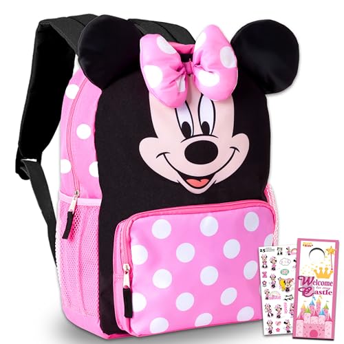 Disney Big Face Minnie Mouse Backpack for Kids Toddlers ~ Premium 14" Minnie School Bag with 3D Ears and Puffy Bow (Minnie Mouse School Supplies Bundle) - Image 1