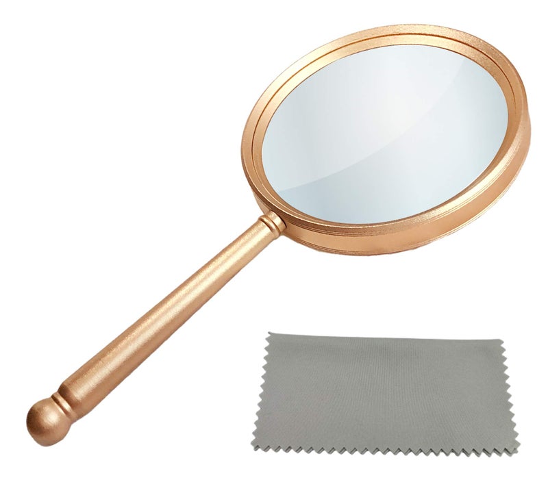 HOPLEX Handheld Magnifying Glasses 5X Reading Magnifier with Shatterproof Metal Handle 84mm Large Magnifying Real Glass Lens for Seniors and Kids Repair and ObservationGold