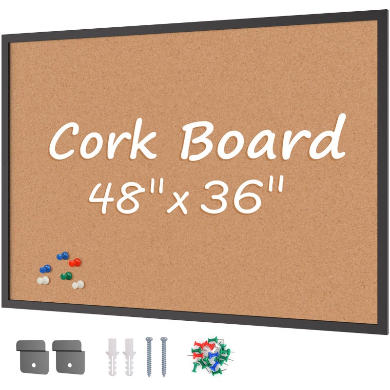 Board2by Cork Board Bulletin Board 36 x 48, Black Wood Framed 4x3 Corkboard, Office Board for Wall Cork, Large Wall Mounted Notice Pin Board with 18 Push Pins for School, Home & Office - Image 1