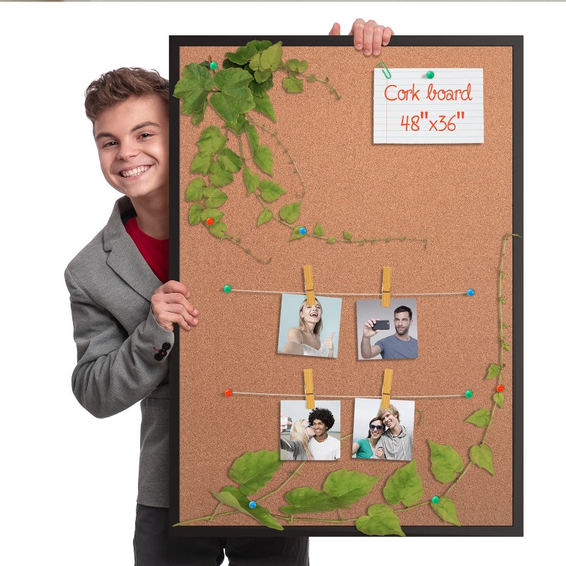 Board2by Cork Board Bulletin Board 36 x 48, Black Wood Framed 4x3 Corkboard, Office Board for Wall Cork, Large Wall Mounted Notice Pin Board with 18 Push Pins for School, Home & Office - Image 3