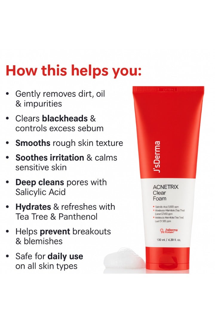 J'sDerma Daily Gentle Foam Cleanser 5,000 PPM Salicylic Acid for Sensitive & Problematic Skin Acentrix Clear Foam Cleanser 130ml - Image 2