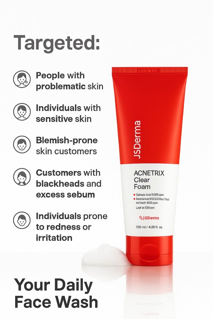 J'sDerma Daily Gentle Foam Cleanser 5,000 PPM Salicylic Acid for Sensitive & Problematic Skin Acentrix Clear Foam Cleanser 130ml - Image 4