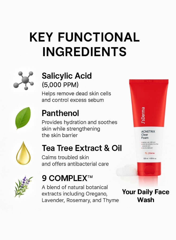 J'sDerma Daily Gentle Foam Cleanser 5,000 PPM Salicylic Acid for Sensitive & Problematic Skin Acentrix Clear Foam Cleanser 130ml - Image 5