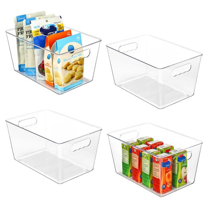 CLEAR PLASTIC PANTRY ORGANIZER BINS 4 PCS FOOD STORAGE BINS WITH HANDLE FOR REFRIGERATOR FRIDGE CABINET KITCHEN COUNTERTOPS CUPBOARD FREEZER ORGANIZATION AND STORAGE BPA FREE LARGE
