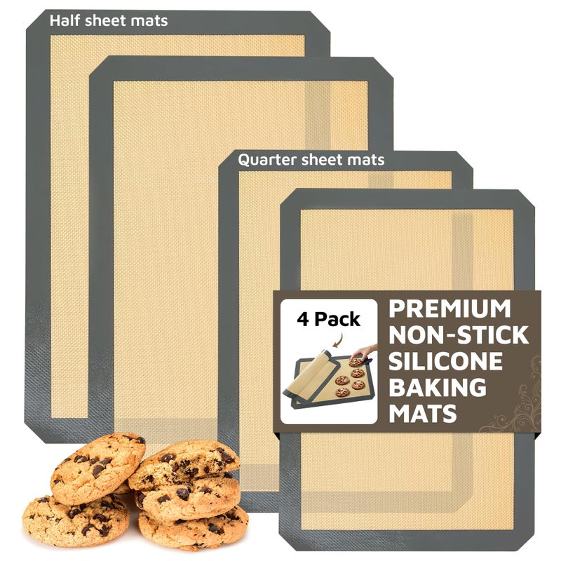 ThreadNanny 4 Pack Silicone Baking Mat Nonstick 2 Half and 2 Quarter Size - 1/4 Silicone Cookie Sheets for Baking Macaron Cookie Set of 2-2 Pack Thick Heavy Duty Reusable Mats Half Sheet for Kitchen Counter - Image 1