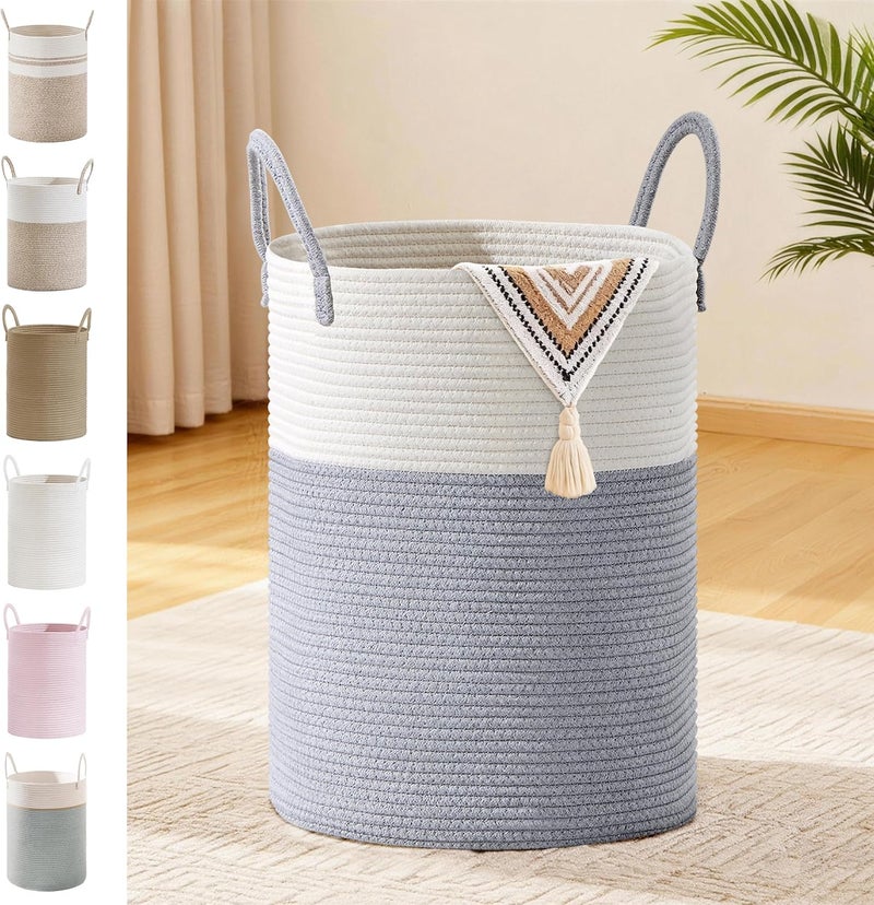 SunNewt Tall Laundry Basket with Handles, 58L Portable Dirty Clothes Hamper, Boho Cotton Rope Storage Bin for Blankets Kids Toys Gifts, Decorative Organizer for Baby Nursery Bedroom Bathroom, Grey - Image 1