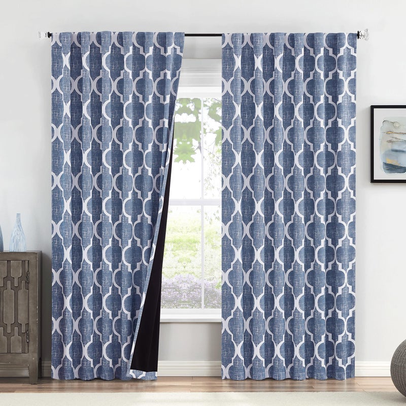 Beauoop 100% Blackout Curtains 96 Inches Long 2 Panels for Bedroom Living Room Blue Moroccan Geo Room Darkening Thermal Insulated Soundproof Rod Pocket Back Tab Window Treatments Drapes, 50x96 - Image 1