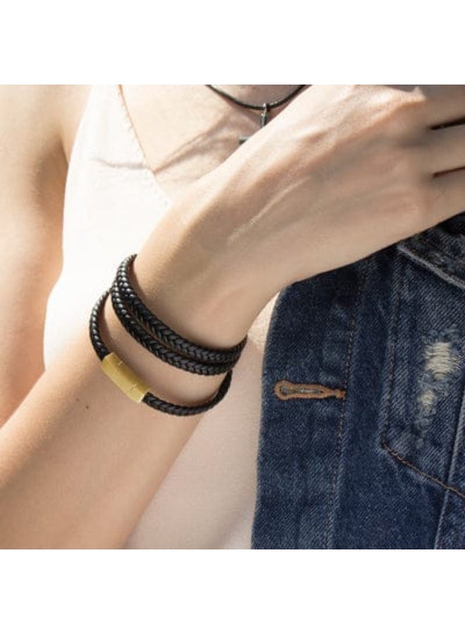 osir Multi-Layer Braided Leather Bracelet with Elegant Metal Clasp - Image 2