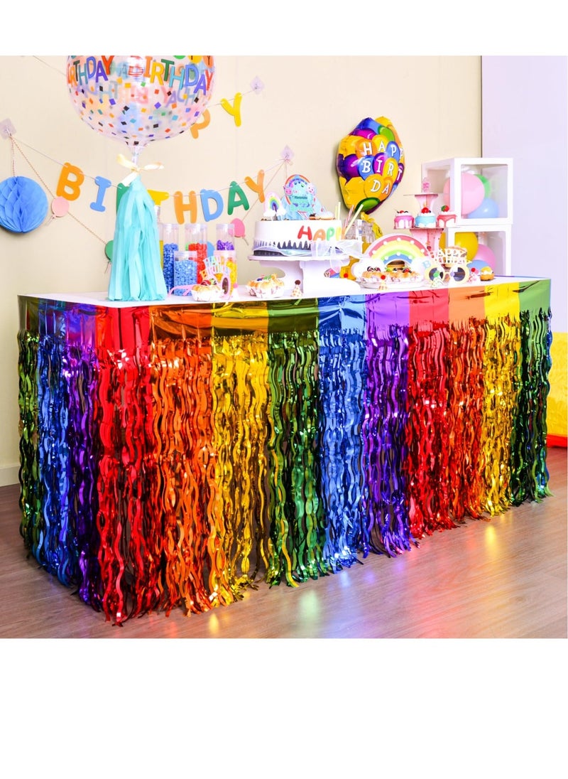 Rainbow Party Decorations, Rainbow Wavy Table Skirt Party Decorations, 2 Pack Metallic Tinsel Foil Fringe Table Skirts, Perfect Table Decors for Birthday, Holiday, Wedding, Engagement, Bridal Shower - Image 1