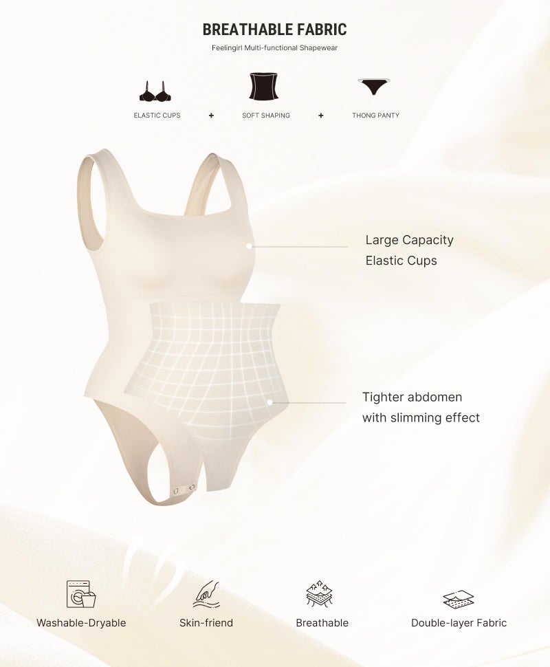 FeelinGirl Women's Bodysuit Seamless Ribbed Sleeveless Tank Tops Square Neck Thong Bodysuits Buttercream XL/XXL - Image 5