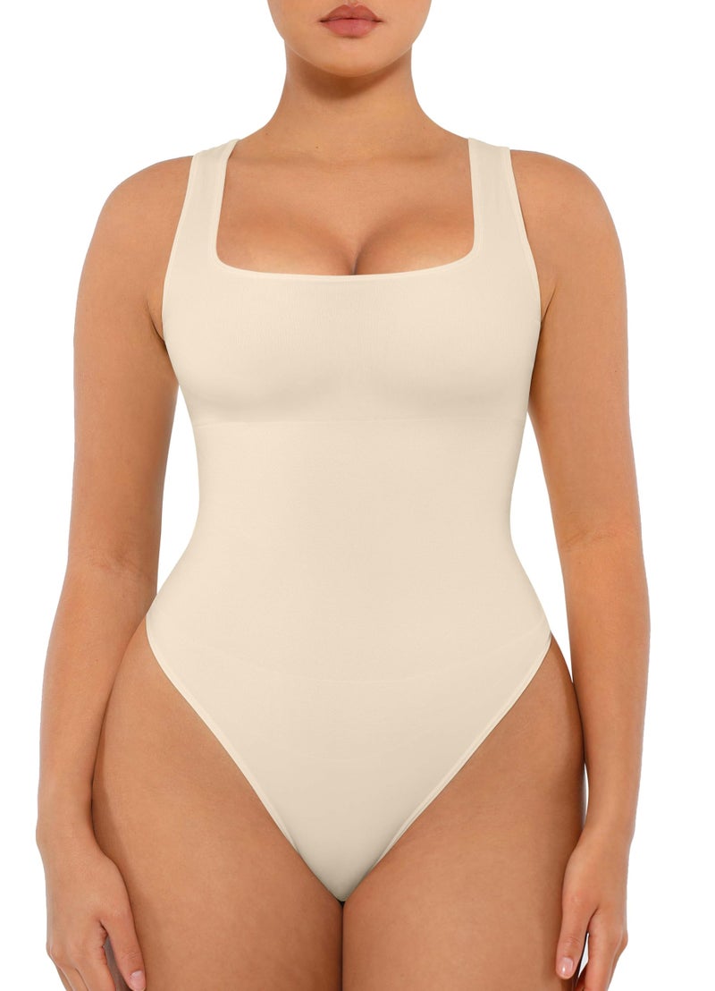 FeelinGirl Women's Bodysuit Seamless Ribbed Sleeveless Tank Tops Square Neck Thong Bodysuits Buttercream XL/XXL - Image 1