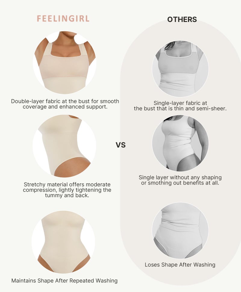 FeelinGirl Women's Bodysuit Seamless Ribbed Sleeveless Tank Tops Square Neck Thong Bodysuits Buttercream XL/XXL - Image 4