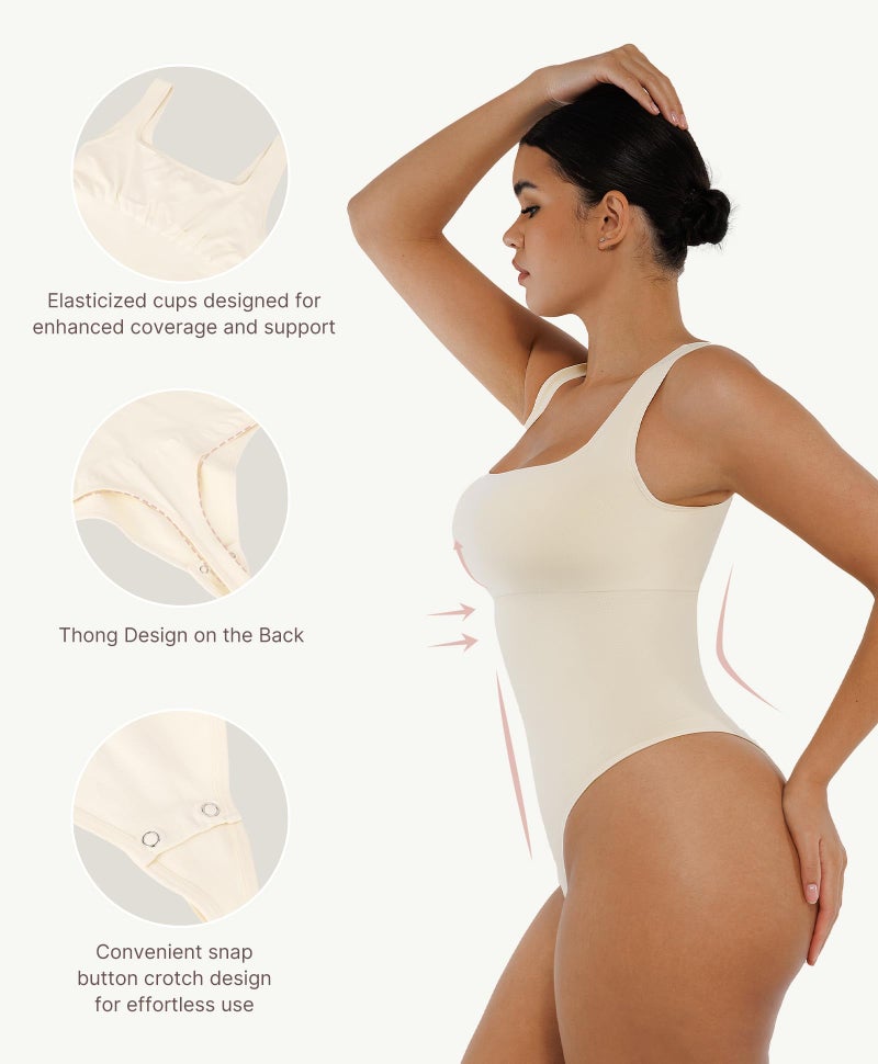 FeelinGirl Women's Bodysuit Seamless Ribbed Sleeveless Tank Tops Square Neck Thong Bodysuits Buttercream XL/XXL - Image 3