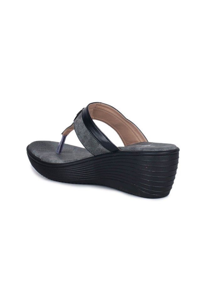 She Zone صنادل شوزون السوداء ذات الكعب العريض للنساء - Image 3