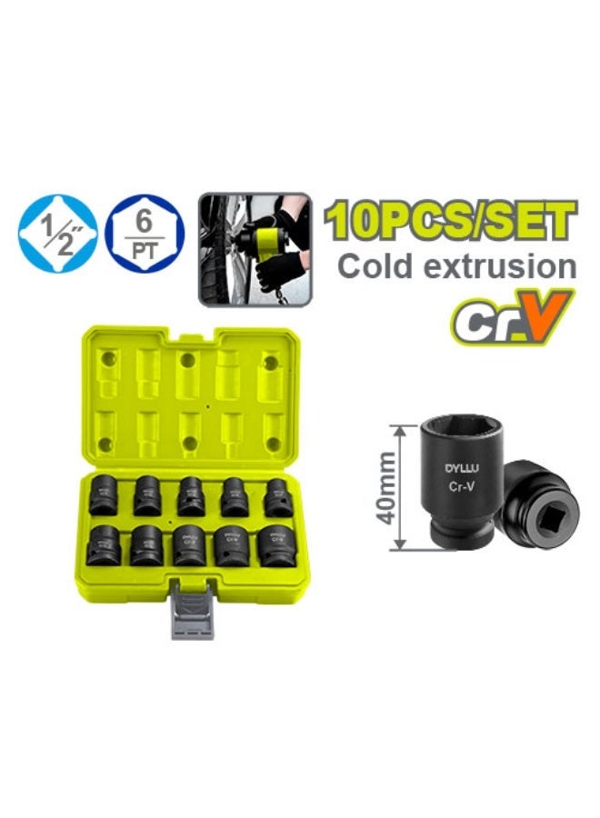 DYLLU 10-Piece 1/2-Inch Impact Socket Set Cr-V – Heat-Treated Socket Kit 10-24mm