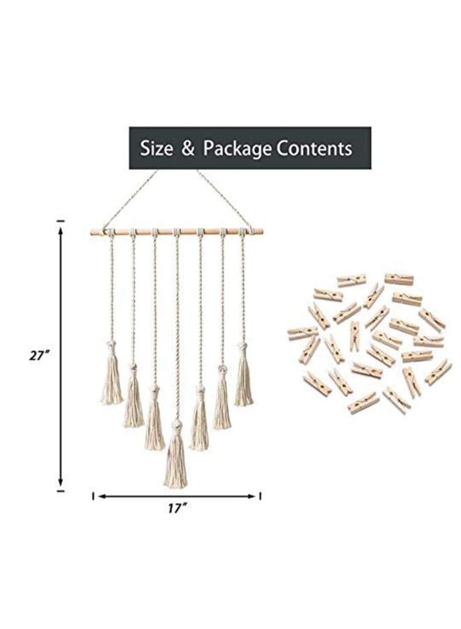 DELFINO Hanging Photo Display with Macrame Decorative Wall Hanging Pictures Organizer, Perfect for Home Decor Wooden Clips (White) Photo Hanging Display for Wall Decor  - Image 3