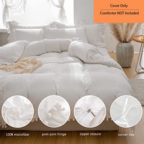 IHOUSTRIY Pom Poms Tassel Duvet Cover Set, Super Soft Lightweight Microfiber, Ball Fringe Pattern Design Boho Bedding Set, Zipper Closure and Ties, 3 PCS - Queen, White - Image 2