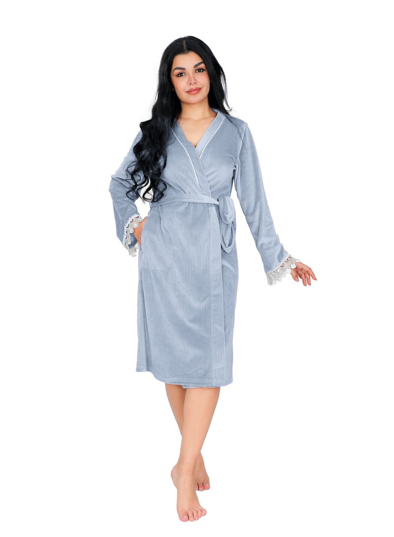 Dadoush Women's short velvet nightgown with long sleeves and lace, plain women's kimono from Dadoush - Image 1