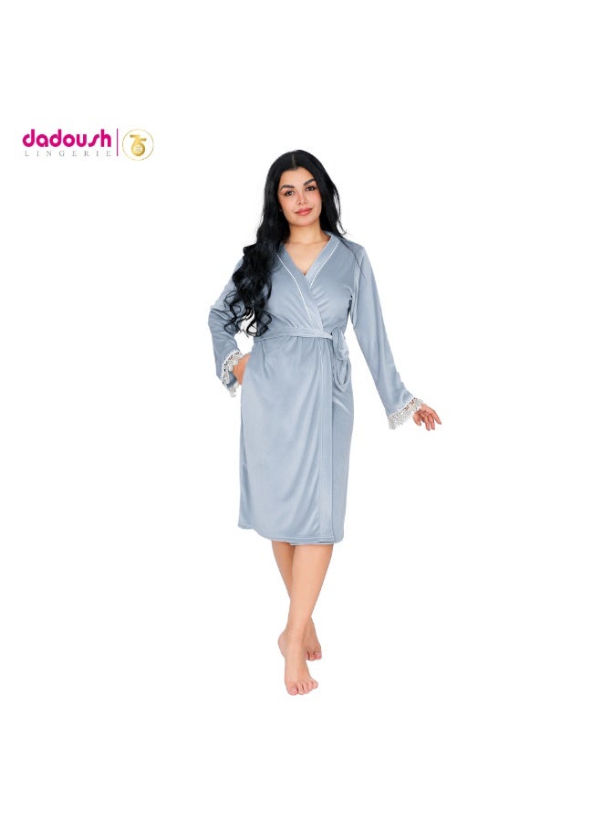 Dadoush Women's short velvet nightgown with long sleeves and lace, plain women's kimono from Dadoush - Image 3