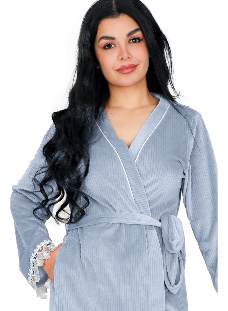 Dadoush Women's short velvet nightgown with long sleeves and lace, plain women's kimono from Dadoush - Image 2