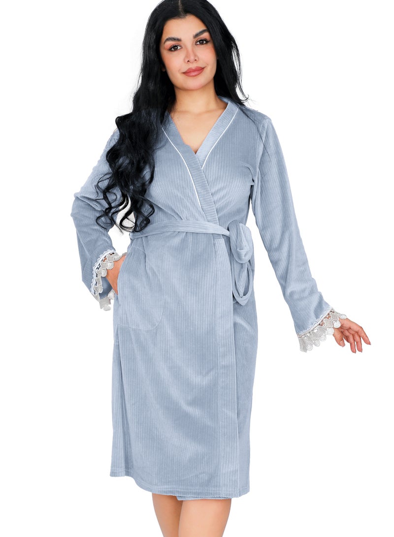 Dadoush Women's short velvet nightgown with long sleeves and lace, plain women's kimono from Dadoush - Image 4