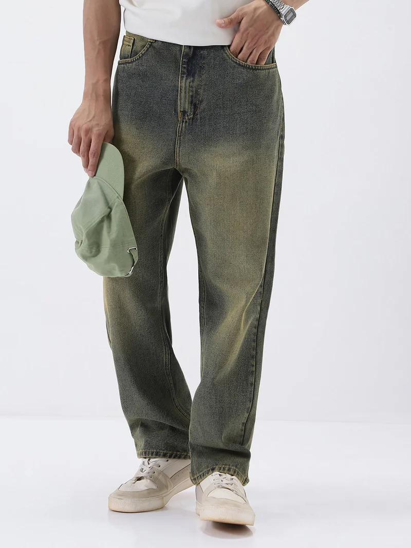 Urbano Fashion Men's Light Blue Loose Baggy Fit Heavy Washed Jeans Non-Stretchable