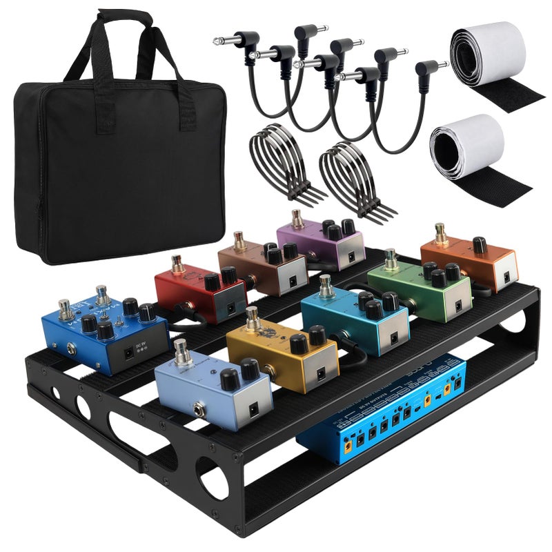 GOGHOST Guitar Pedal Board with Power Supply Tray, 15.7x12.2x3.1", Metal Bass Pedal Stand Black Effects Pedalboards with 4 Pcs 6 Inch Guitar Pedal Cable, Carrying Bag, Adhesive Hookside Tape(Angled) - Image 1