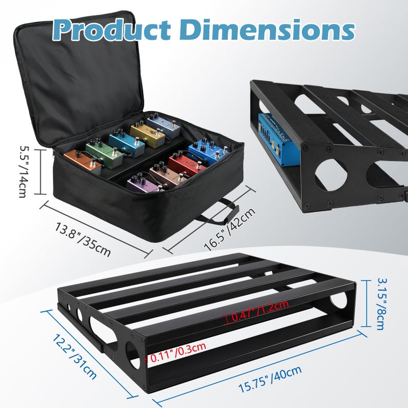 GOGHOST Guitar Pedal Board with Power Supply Tray, 15.7x12.2x3.1", Metal Bass Pedal Stand Black Effects Pedalboards with 4 Pcs 6 Inch Guitar Pedal Cable, Carrying Bag, Adhesive Hookside Tape(Angled) - Image 2