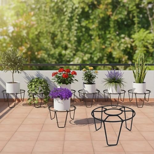 Oriley Plant Round Stand Galvanised Metal Flower Pot Holder Indoor Gamla Support Corner Rack Outdoor Display Shelf for Home Garden Balcony Decoration - (Pack of 8, Black) - Image 1