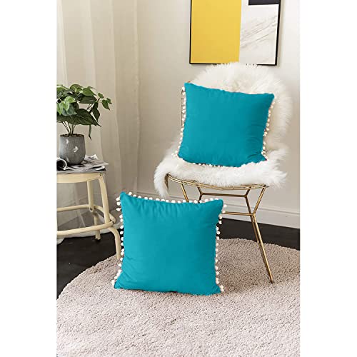 CottonFry Set of 2 Cushion Covers/Throw Pillow Covers Size 20"X20" Inches with Pom Poms, Soft Square Velvet Pillowcases Home Decor (Sea Green, Pack of 2) - Image 3