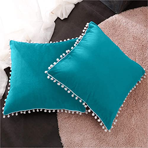 CottonFry Set of 2 Cushion Covers/Throw Pillow Covers Size 20"X20" Inches with Pom Poms, Soft Square Velvet Pillowcases Home Decor (Sea Green, Pack of 2) - Image 2
