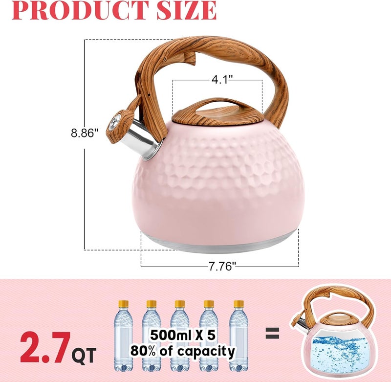 GGC Tea Kettle for Stove Top, Loud Whistling Kettle for Boiling Water Coffee or Milk, 3.1 Quart 3L Heavy Stainless Steel Pink Kettles with Wood Pattern Handle, Unique Button Control Kettle Outle - Image 3