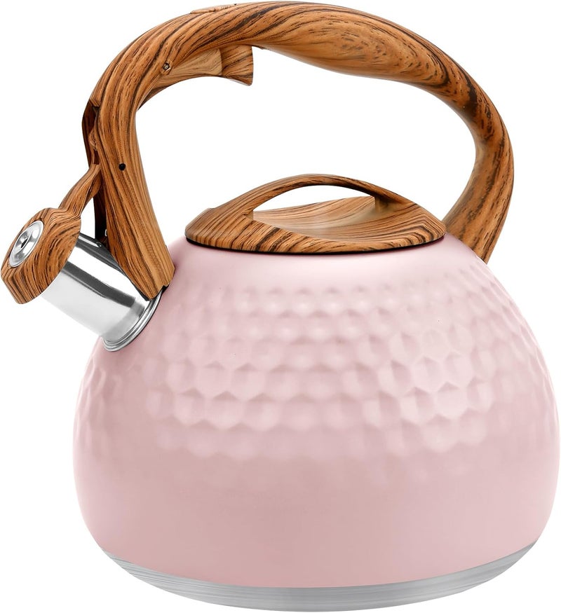 GGC Tea Kettle for Stove Top, Loud Whistling Kettle for Boiling Water Coffee or Milk, 3.1 Quart 3L Heavy Stainless Steel Pink Kettles with Wood Pattern Handle, Unique Button Control Kettle Outle - Image 1