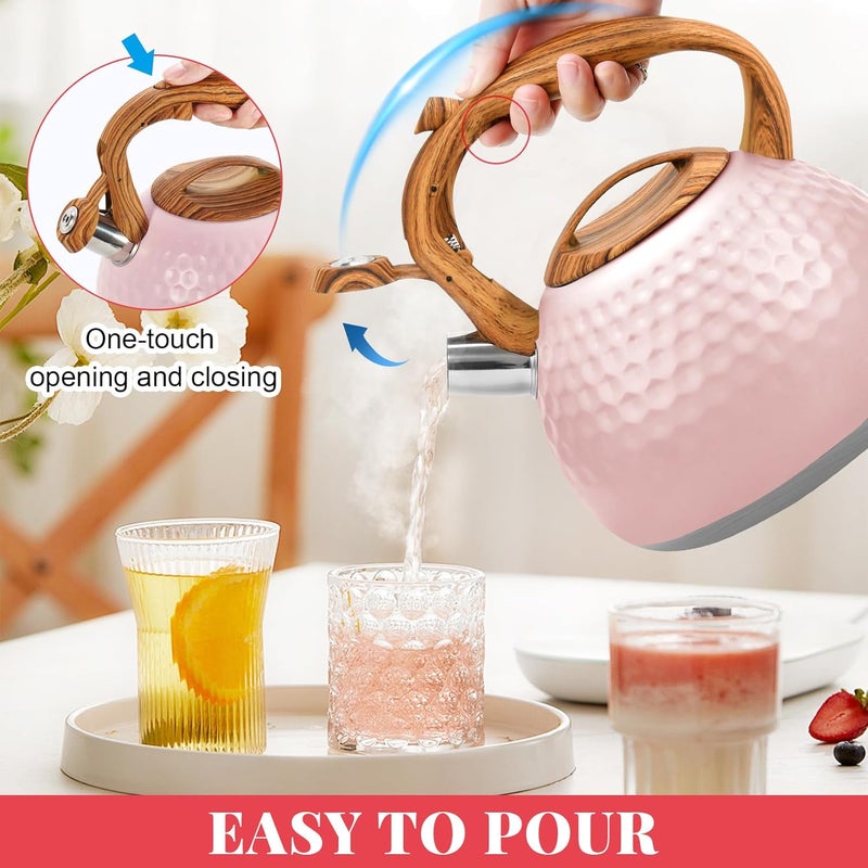 GGC Tea Kettle for Stove Top, Loud Whistling Kettle for Boiling Water Coffee or Milk, 3.1 Quart 3L Heavy Stainless Steel Pink Kettles with Wood Pattern Handle, Unique Button Control Kettle Outle - Image 5
