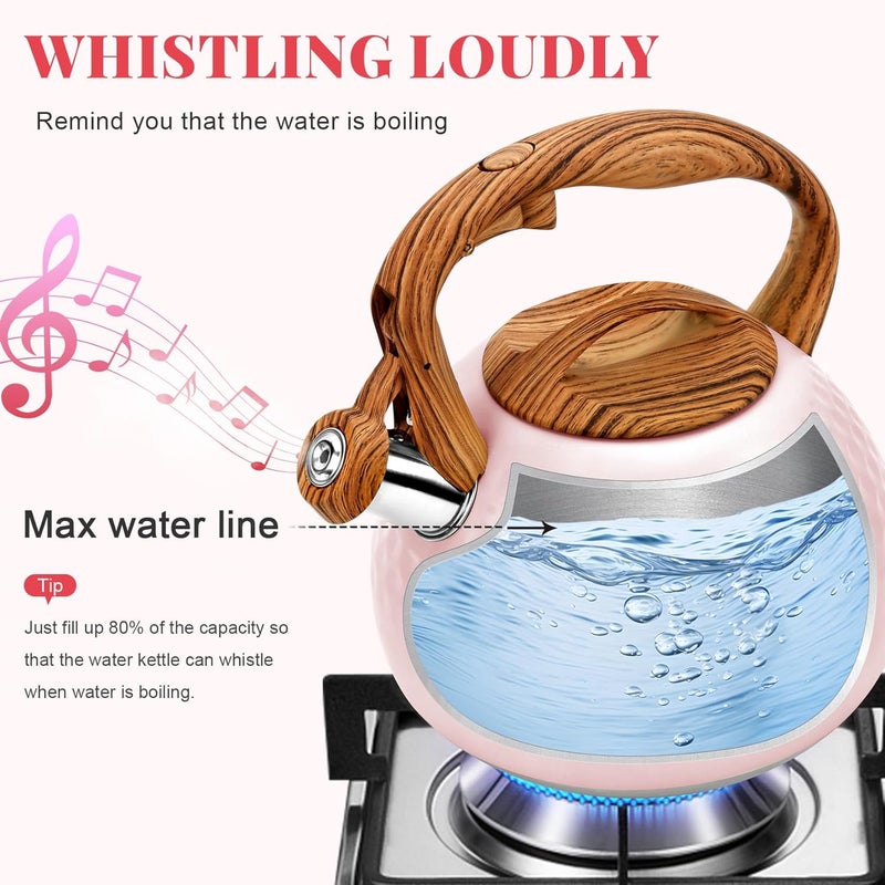 GGC Tea Kettle for Stove Top, Loud Whistling Kettle for Boiling Water Coffee or Milk, 3.1 Quart 3L Heavy Stainless Steel Pink Kettles with Wood Pattern Handle, Unique Button Control Kettle Outle - Image 4