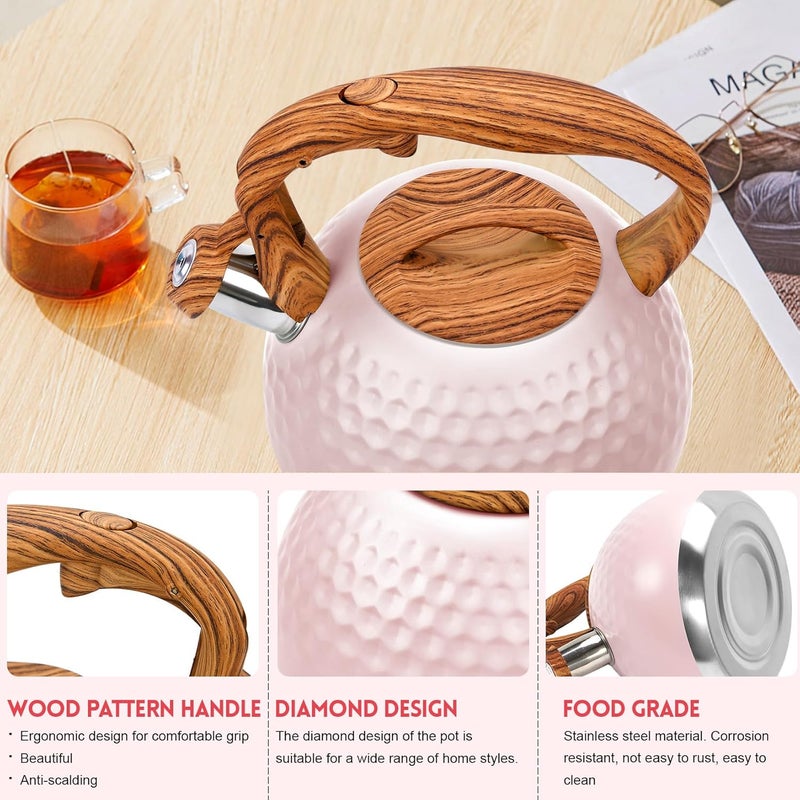 GGC Tea Kettle for Stove Top, Loud Whistling Kettle for Boiling Water Coffee or Milk, 3.1 Quart 3L Heavy Stainless Steel Pink Kettles with Wood Pattern Handle, Unique Button Control Kettle Outle - Image 2